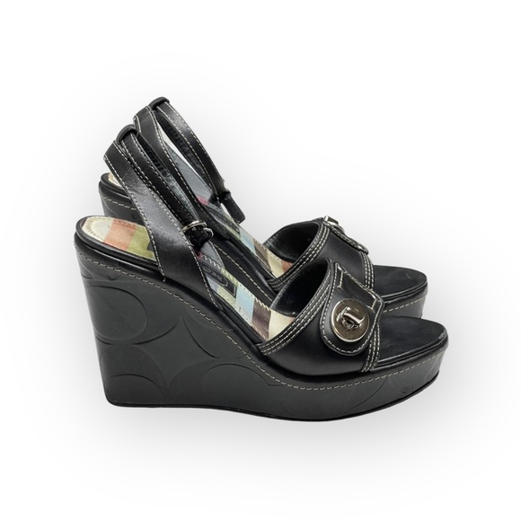 Coach ♕ Kerilyn Logo Embossed Turnlock Platform Wedge Sandals ♕ Black Leather 8M - Picture 2 of 16